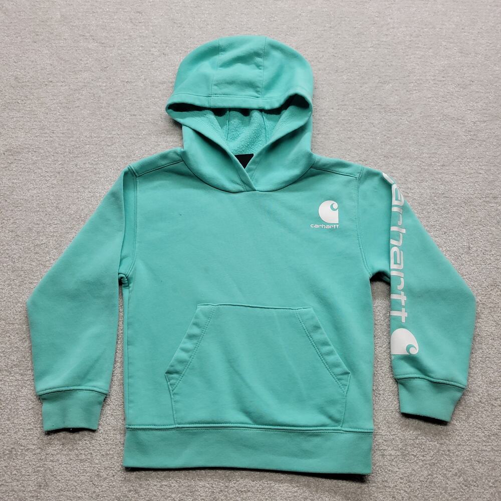 Carhartt Kids Size 5 Teal Aqua Pullover Hoodie Sweatshirt Sleeve Logo
